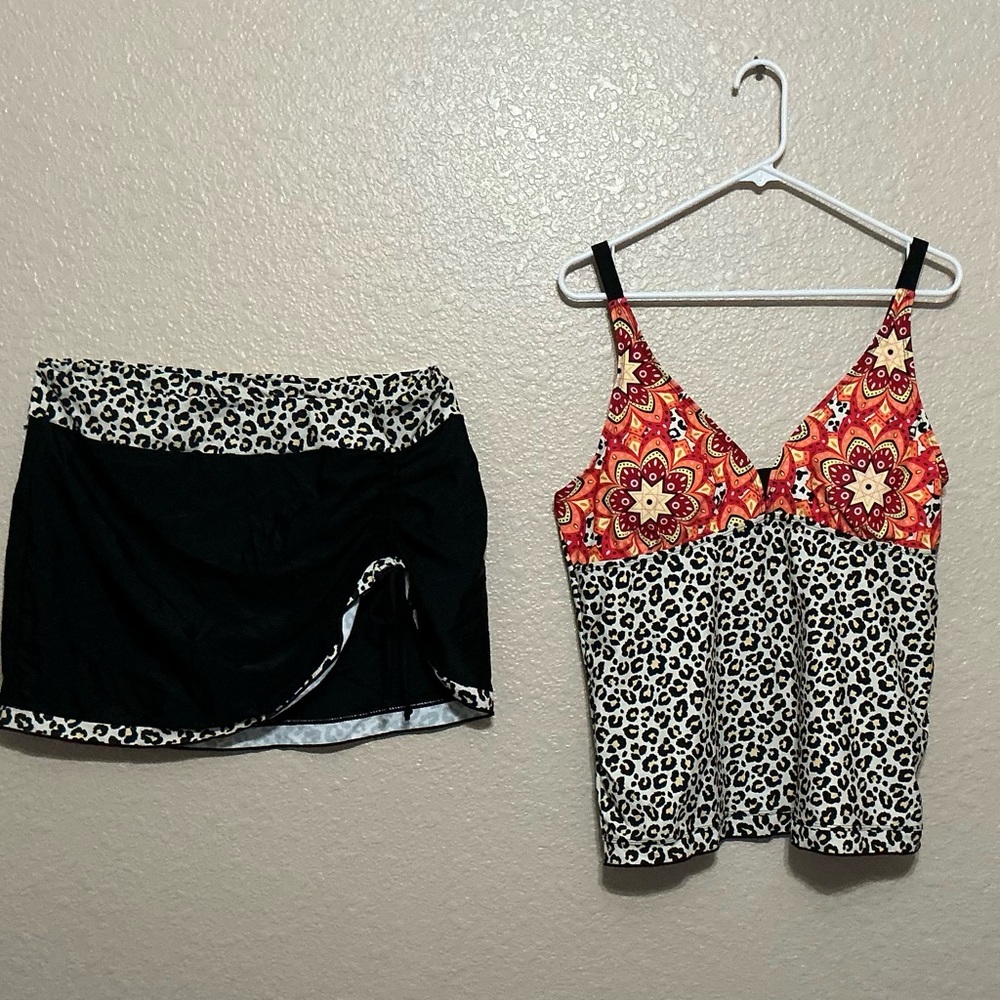 Leopard Print Tankini & Swim Skirt Set with Orange & Red Print Top